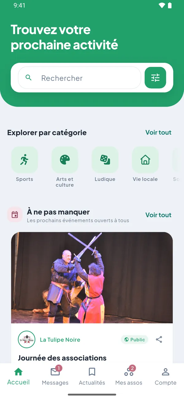 Écran d'accueil de l'application MyAsso : recherche par catégorie et évènements à ne pas manquer